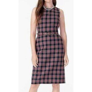 New J Crew Belted Sheath Dress Womens 14 Stewart Plaid Sleeveless Wool Blend